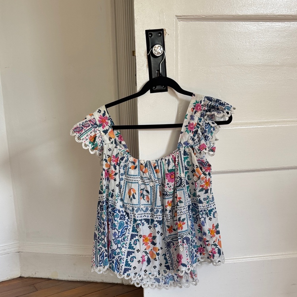 FARM Rio White Floral Patchwork Ruffled Camisole